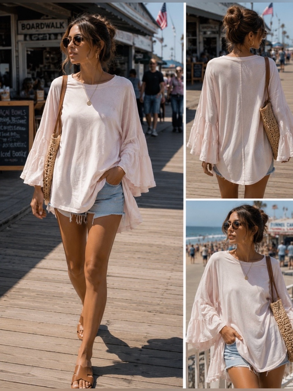 Free People Light Pink Ruffle-Sleeve Oversized Camisole 100%cotton